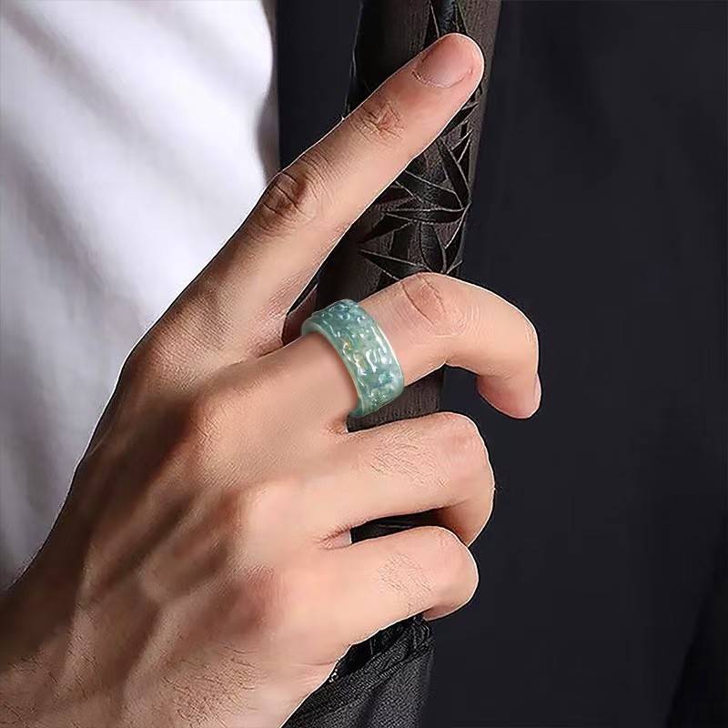 Real Grade A Blue Jade Jadeite Band Men Women Lucky Dragon Pixiu Ring ID:17-23mm