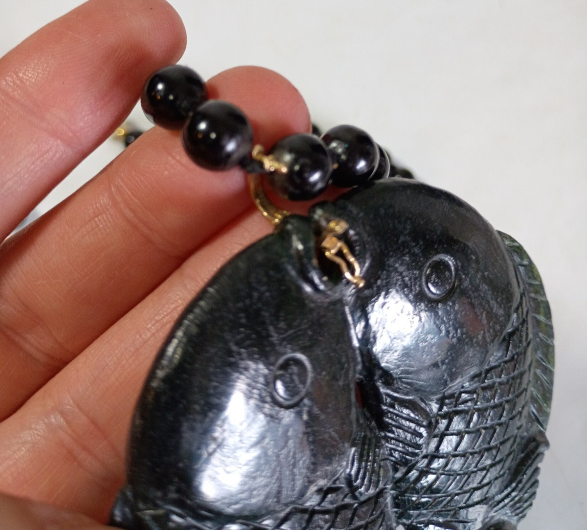 Estate Black Jade 14K Gold Pearl Double Koi Fish Beaded Necklace 28″