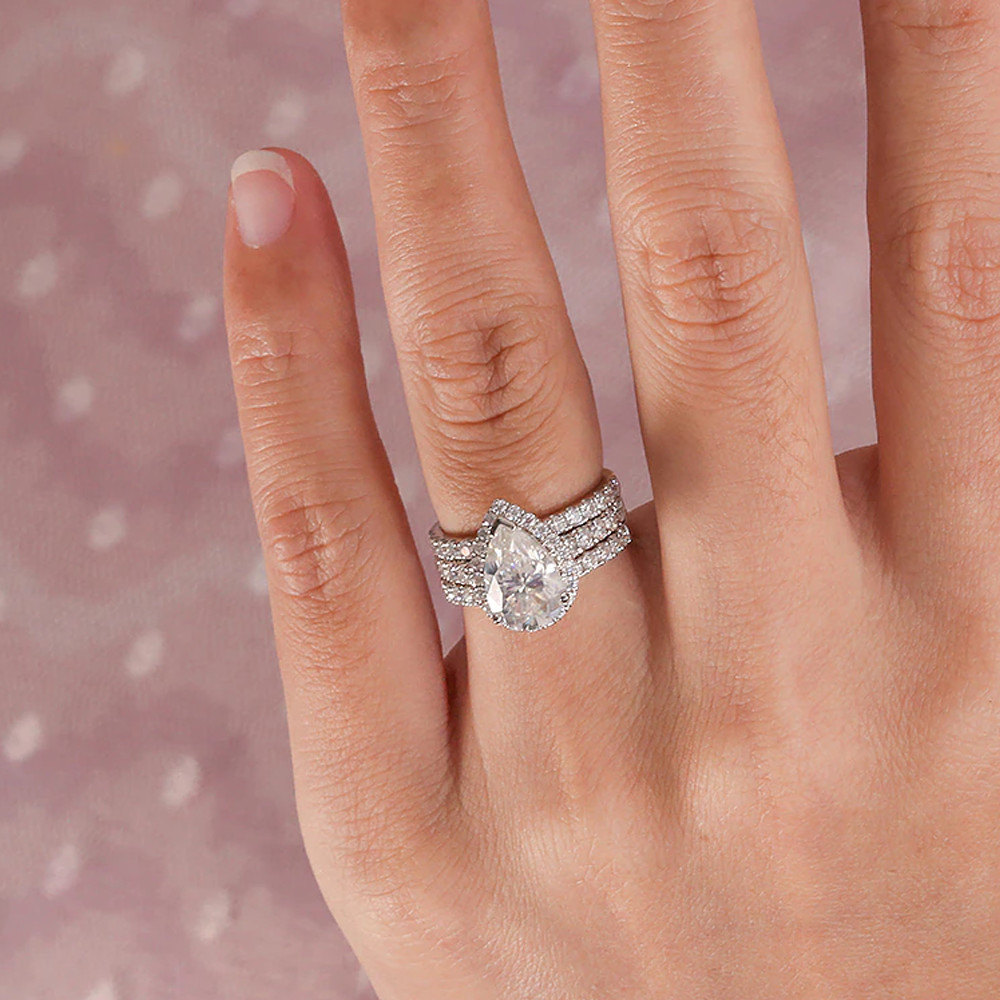 3.20 TCW Pear Moissanite Trio Set Women’s Engagement Ring 14K White Gold Plated