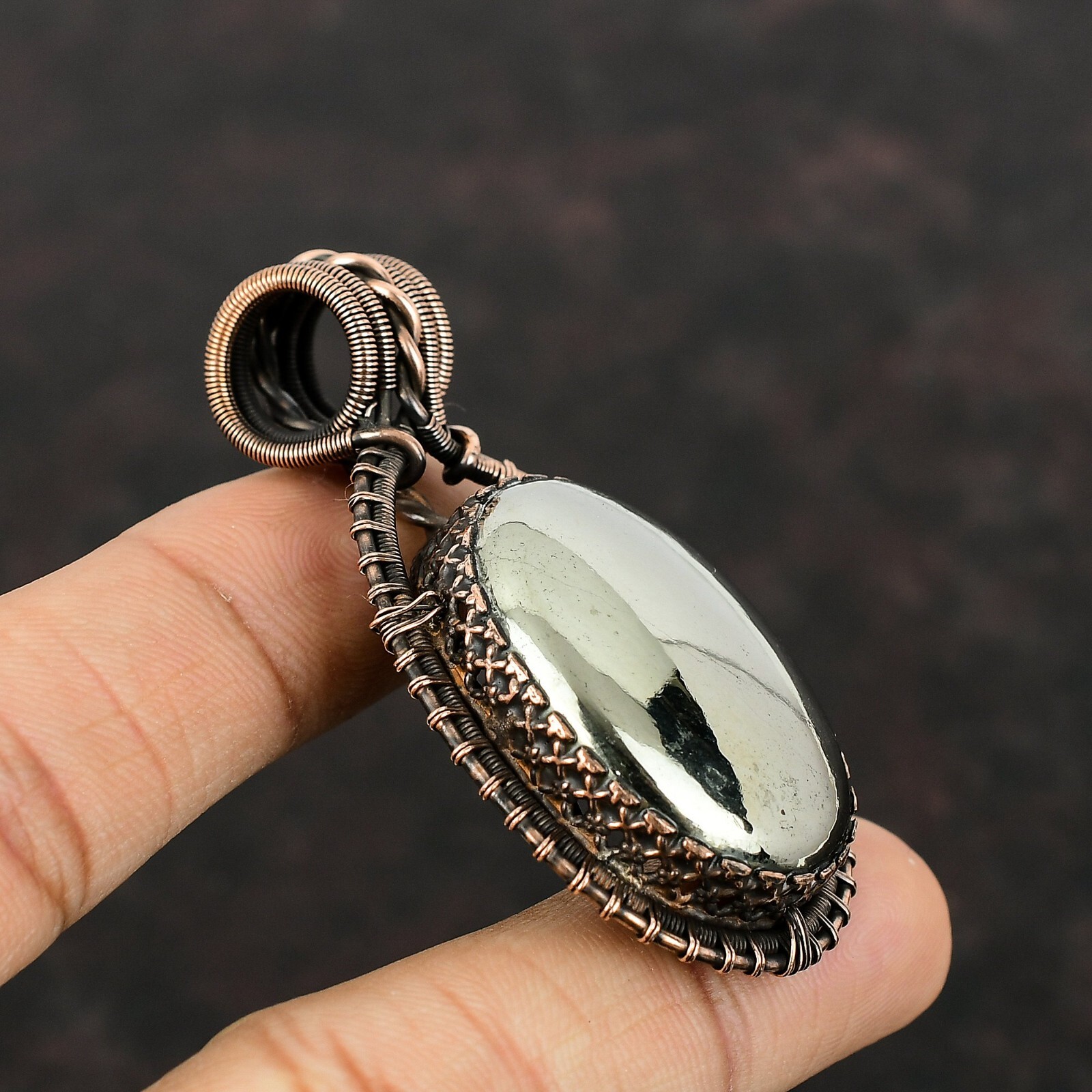 Wedding Gift For Her Copper Apache Pyrite Jewelry Wire Wrapped Pendant 2.52″
