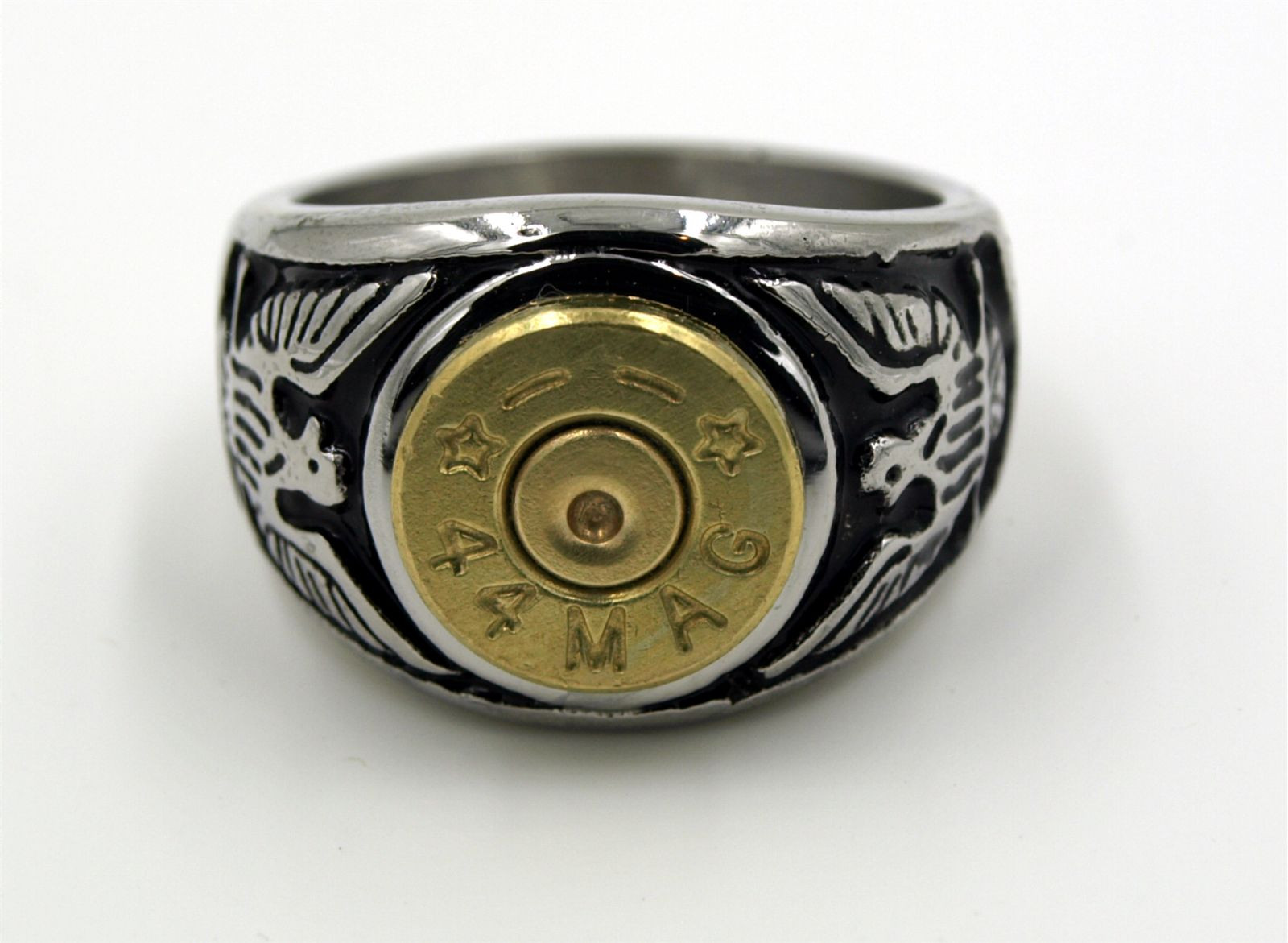 Stainless Steel Eagle Bullet Ring. 44 Mag Casing. Optional Glass Crystal