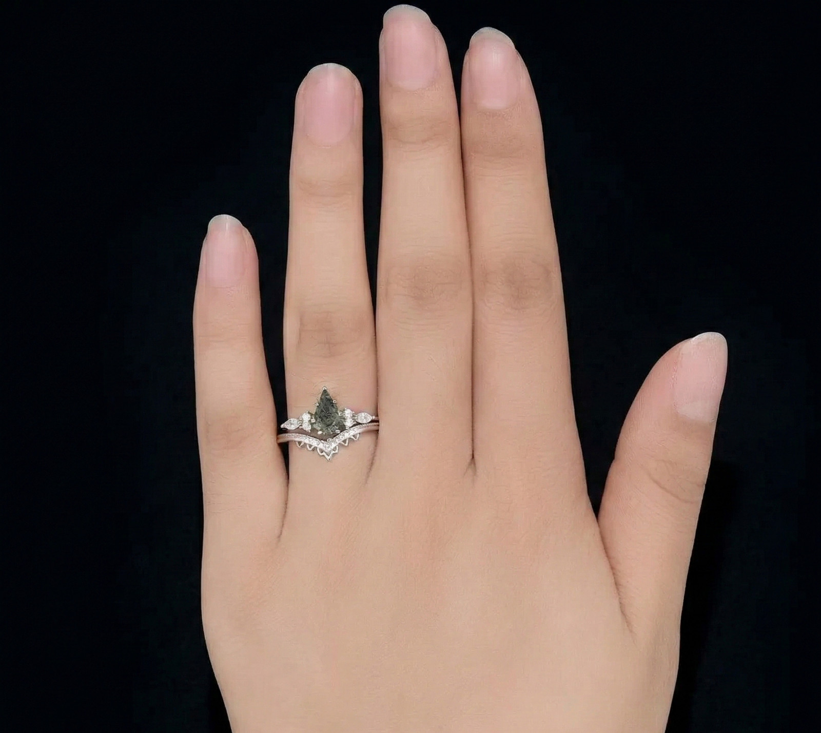 Kite Cut Moss Agate Engagement Ring, Sterling Silver Art Deco Bridal Set