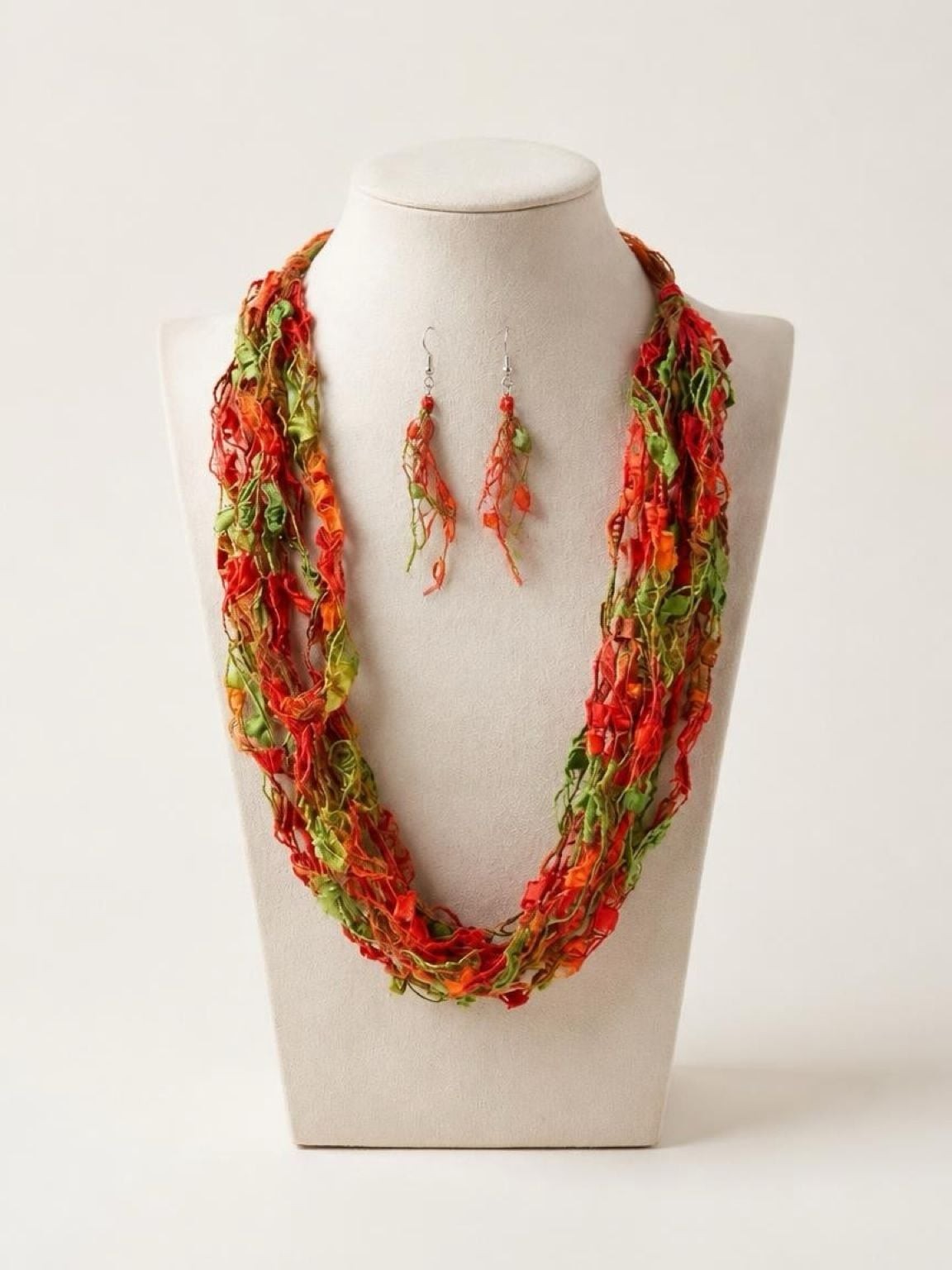Artisan Multicolor Yarn Scarf Necklace and Earring Set with Magnetic Closure