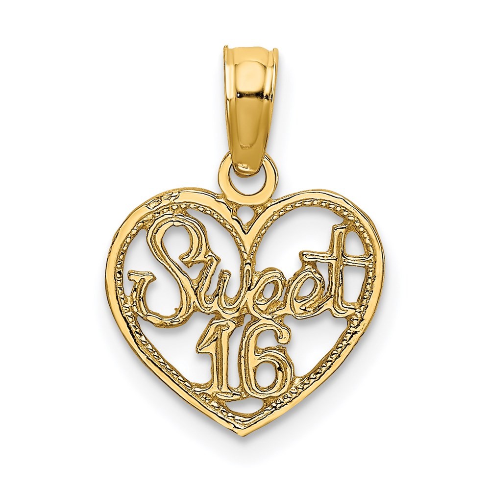 14K Yellow Gold SWEET 16 in Heart Shape Charm Pendant L-13.55mm, W-10.95mm