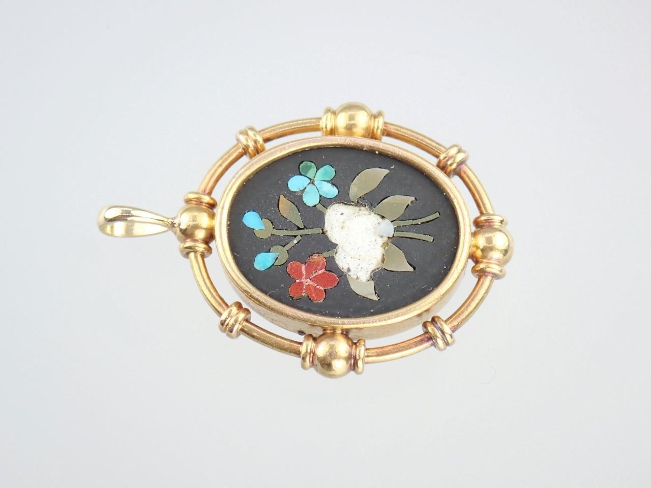 Fine Antique VICTORIAN Solid 18k Gold PIETRA DURA Mosaic Floral MOURNING PENDANT