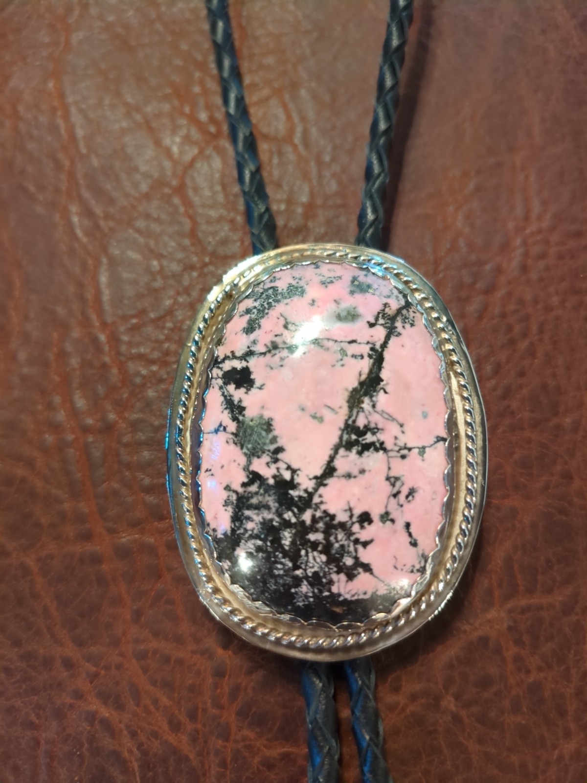 bolo tie silver handmade rhodonite