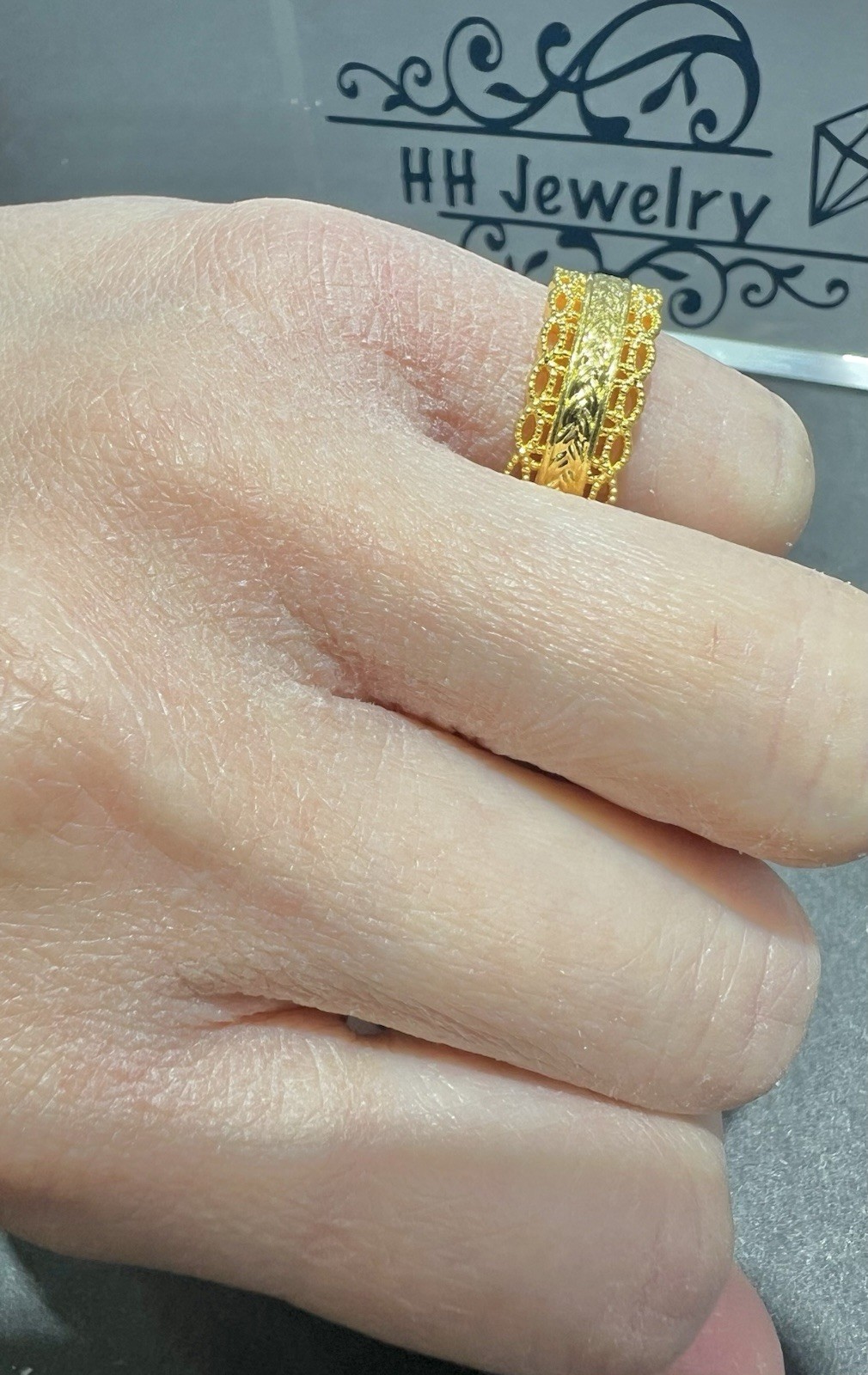 24K Yellow Gold Hollow Wide Diamond Cut Infinity Eternity Ring Band
