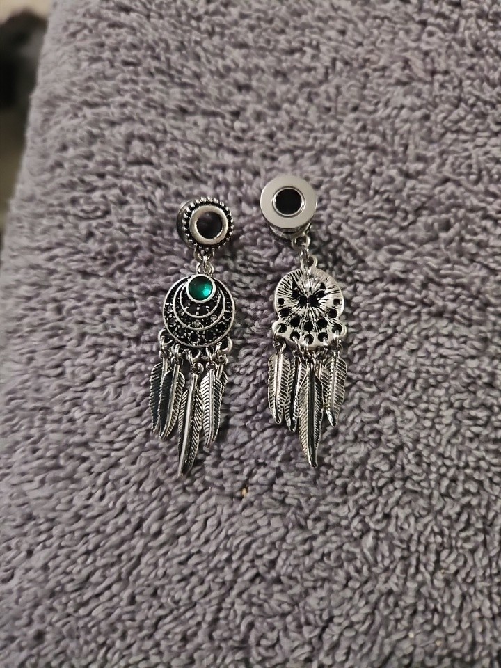 PAIR-Dream Catcher Feather Dangle Steel Screw On Ear Tunnels 08mm/0 Gauge