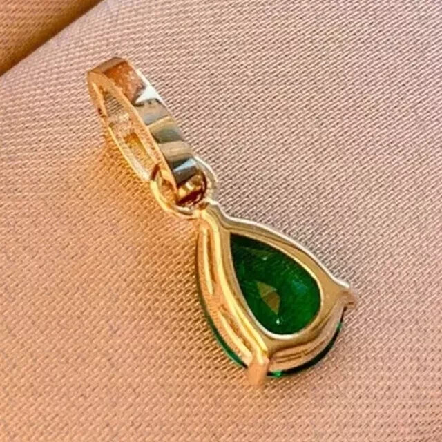 14K Yellow Gold Plated Natural Emerald 5.00Ct Pear Cut Gemstones Pendant Real