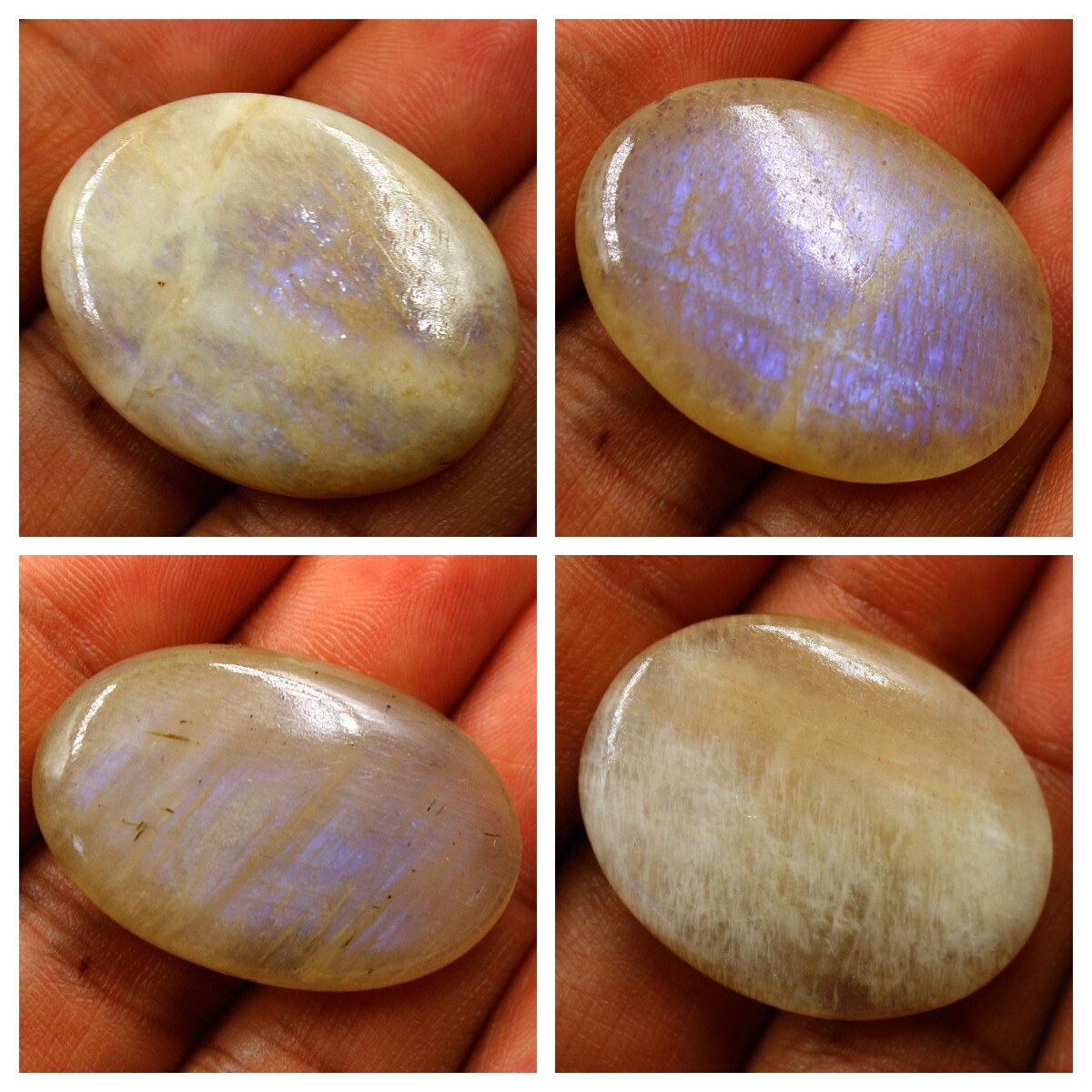 4 Pcs Natural Blue Shine Rainbow Moonstone 33mm-35mm Oval Cabochon Gemstones Lot