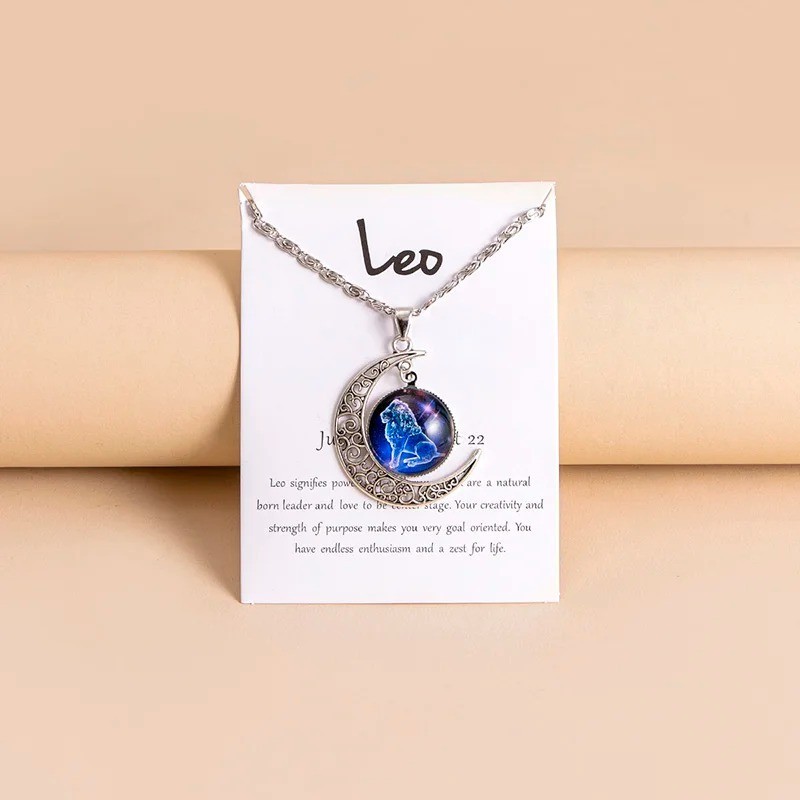 Moon Shaped Zodiac Sign Necklace Horoscope Astrological Pendant with 17″ Chain
