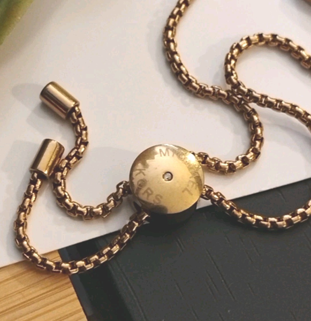 MICHAEL KORS Warm Golden Tone Pave HEART Signed Adjustable Slider Bracelet!