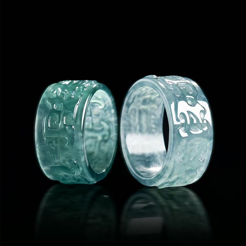 Real Grade A Blue Jade Jadeite Band Men Women Lucky Dragon Pixiu Ring ID:17-23mm
