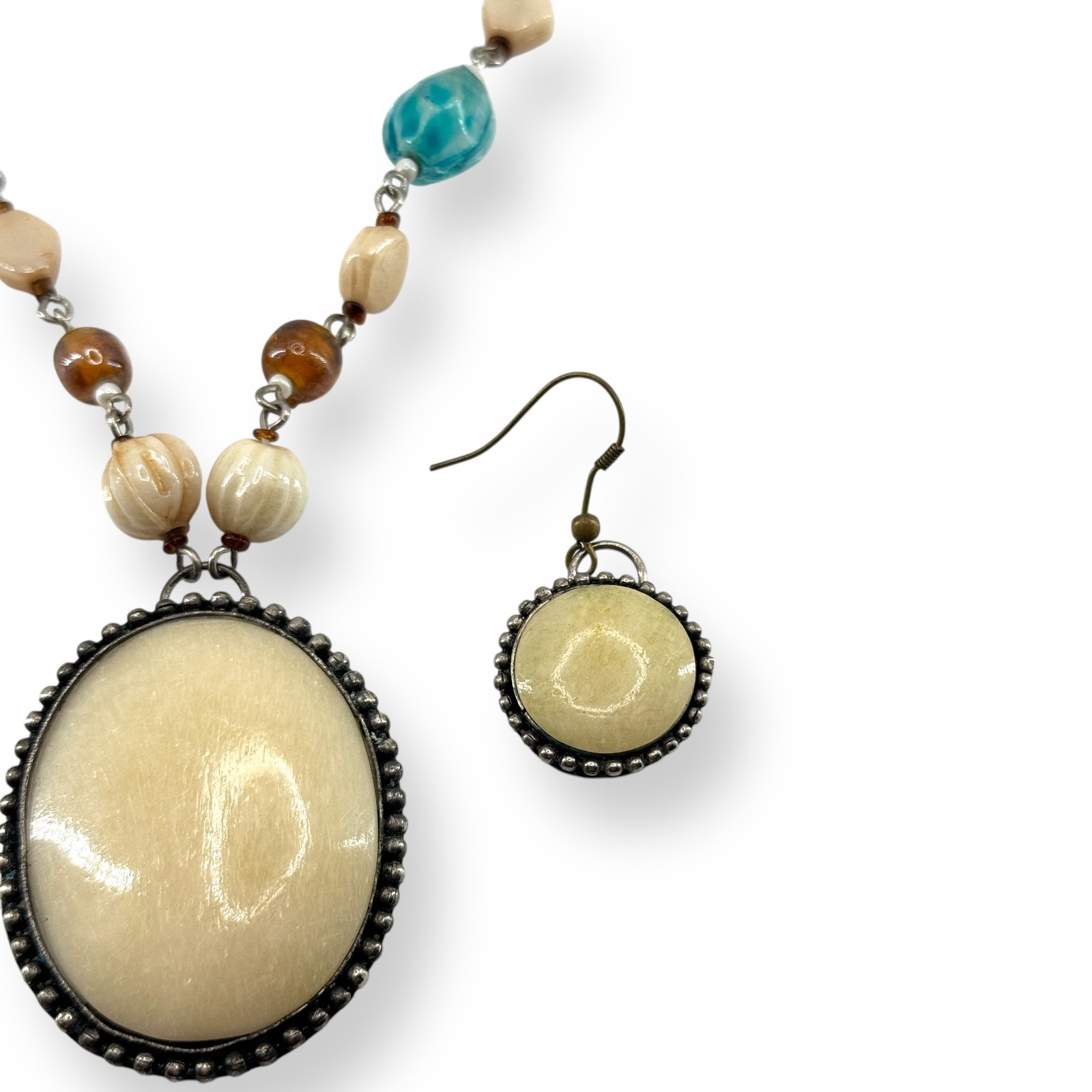 VTG Faux Bone Beaded Gemstone Necklace Earring Set Multicolor Hand Made Pendant