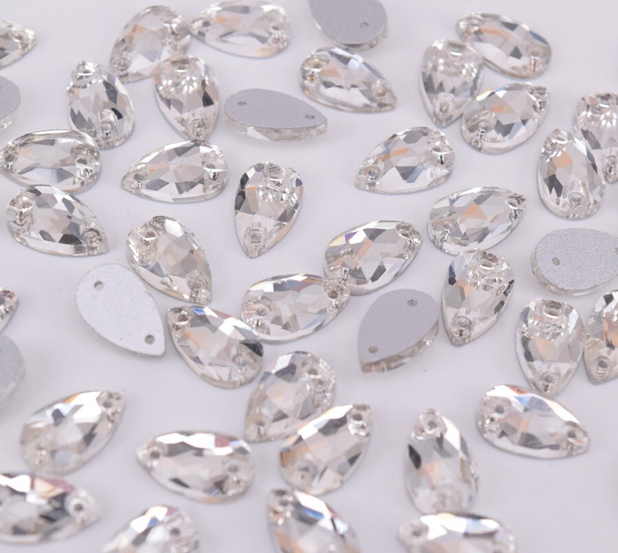 100 pcs Glass Crystal Clear Sew On Rhinestones Tear Drop Flatback Size Selection