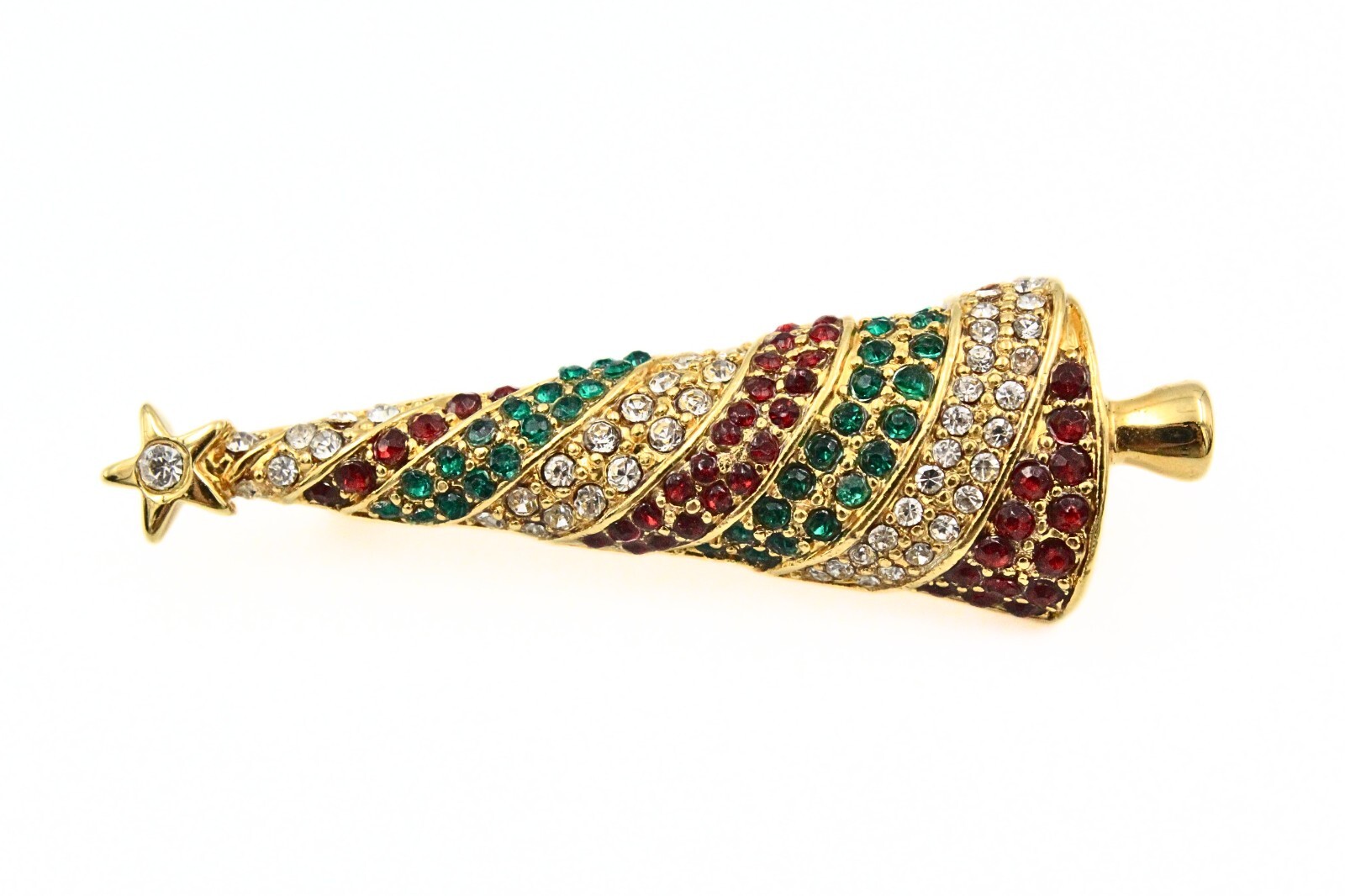 Christmas Holiday Gold Plate Encrusted Red Green Rhinestones Tall Tree Brooch
