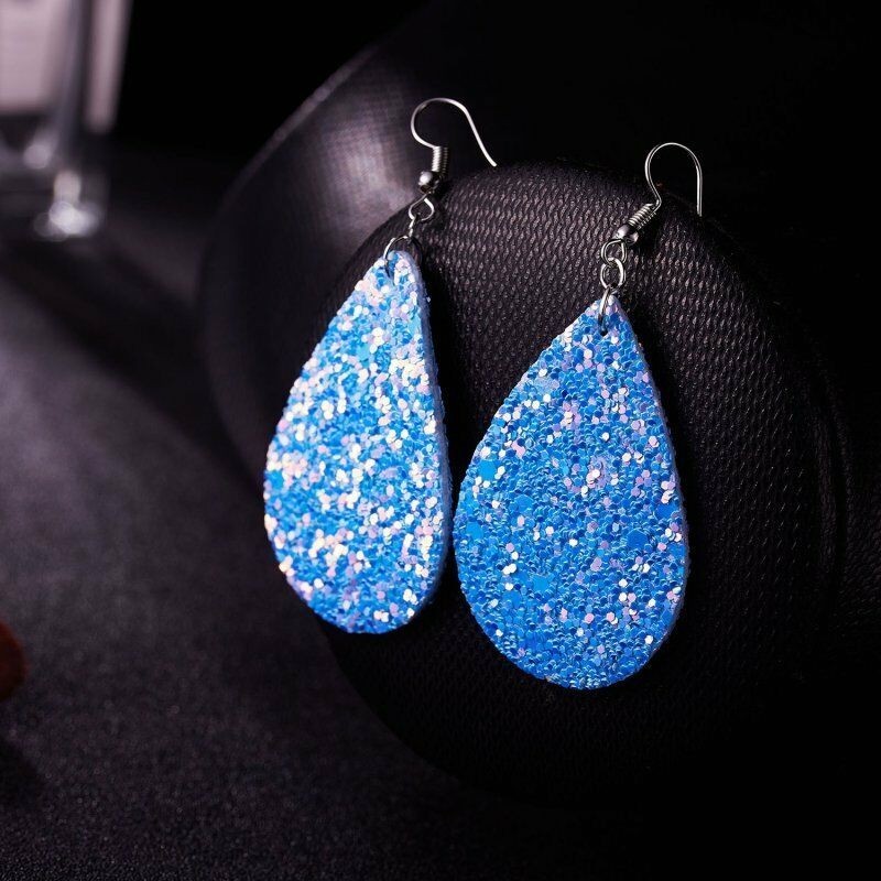 Fashion Jewelry Blue Glitter Faux Leather Fabric Teardrop Hook Dangle Earrings