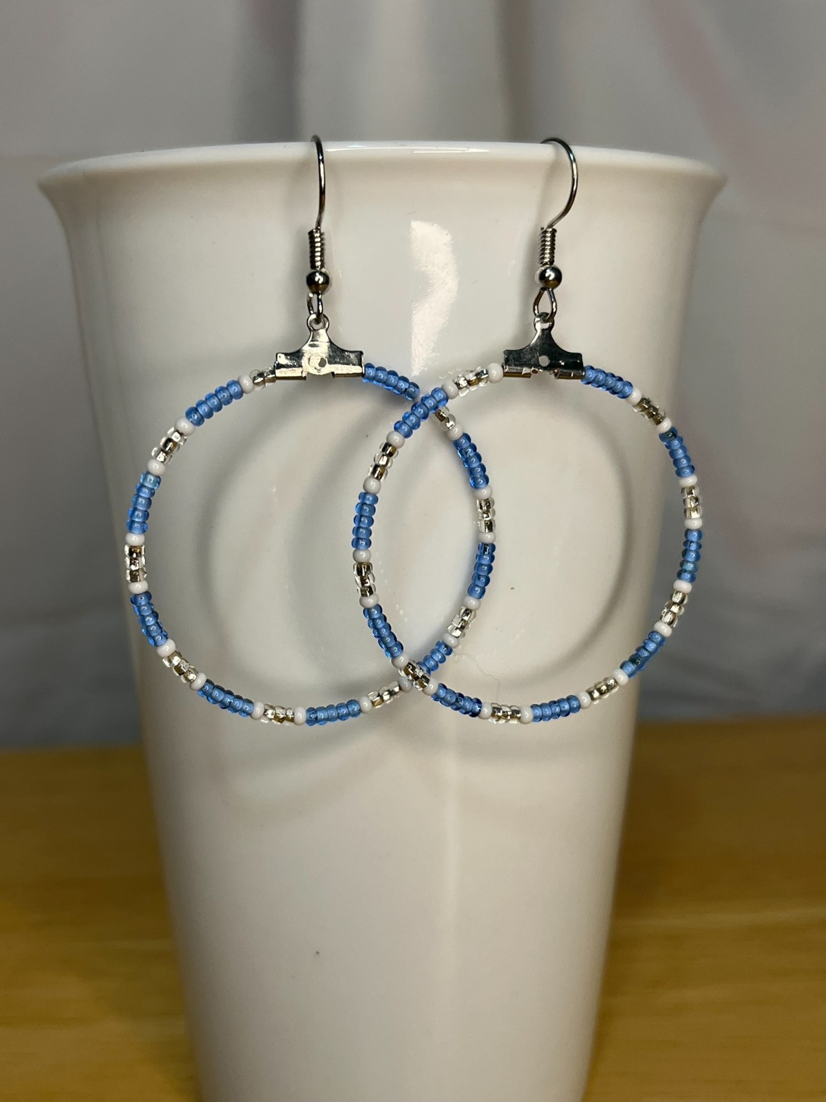 Handmade Beaded Earrings – Blue White Silver hoops