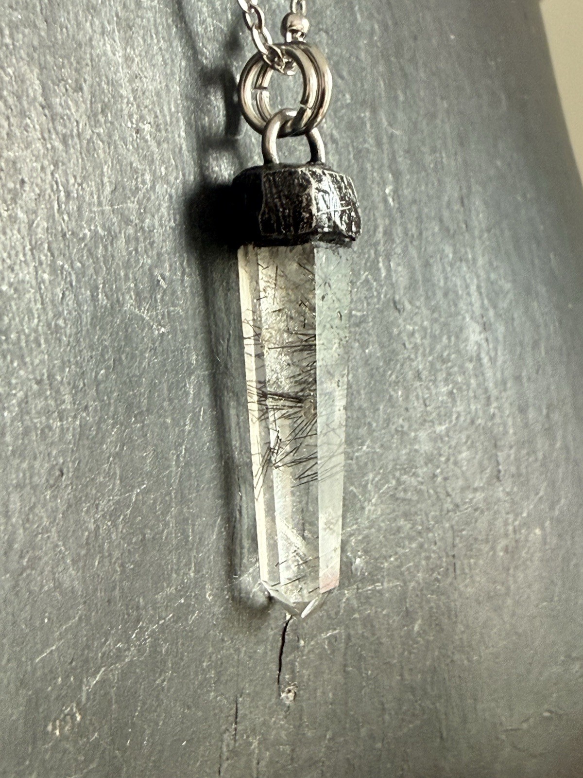 rutilated quartz point pendant necklace statement jewelry black rutile in Quartz