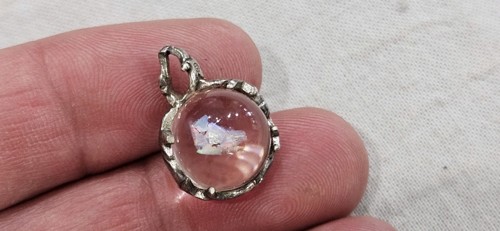 Antique Vintage Crystal Orb W/ Minerals Moon Star & More Sterling Bead Pendant