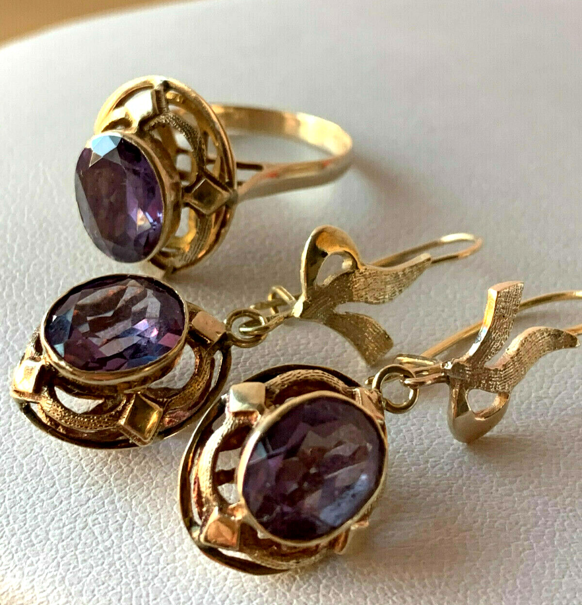 VINTAGE 14K RING & EARRINGS COLOR CHANGE PURPLE SAPPHIRE SET OF 2 CUSTOM MADE