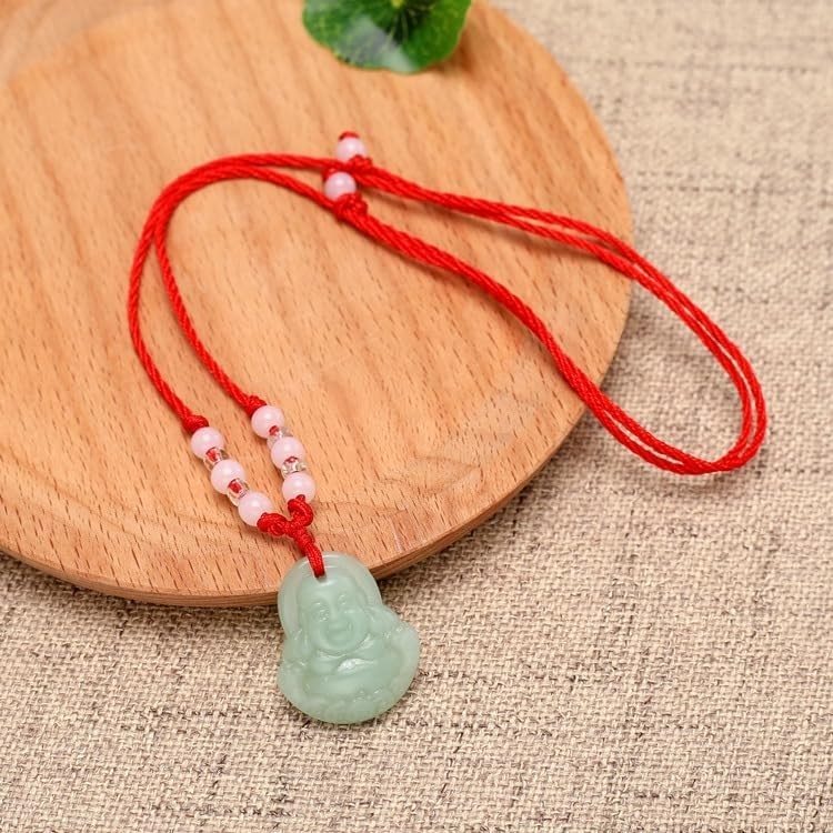 Luck-Infused Green Jade Buddha Amulet Necklace with Durable Red String – 16-26in