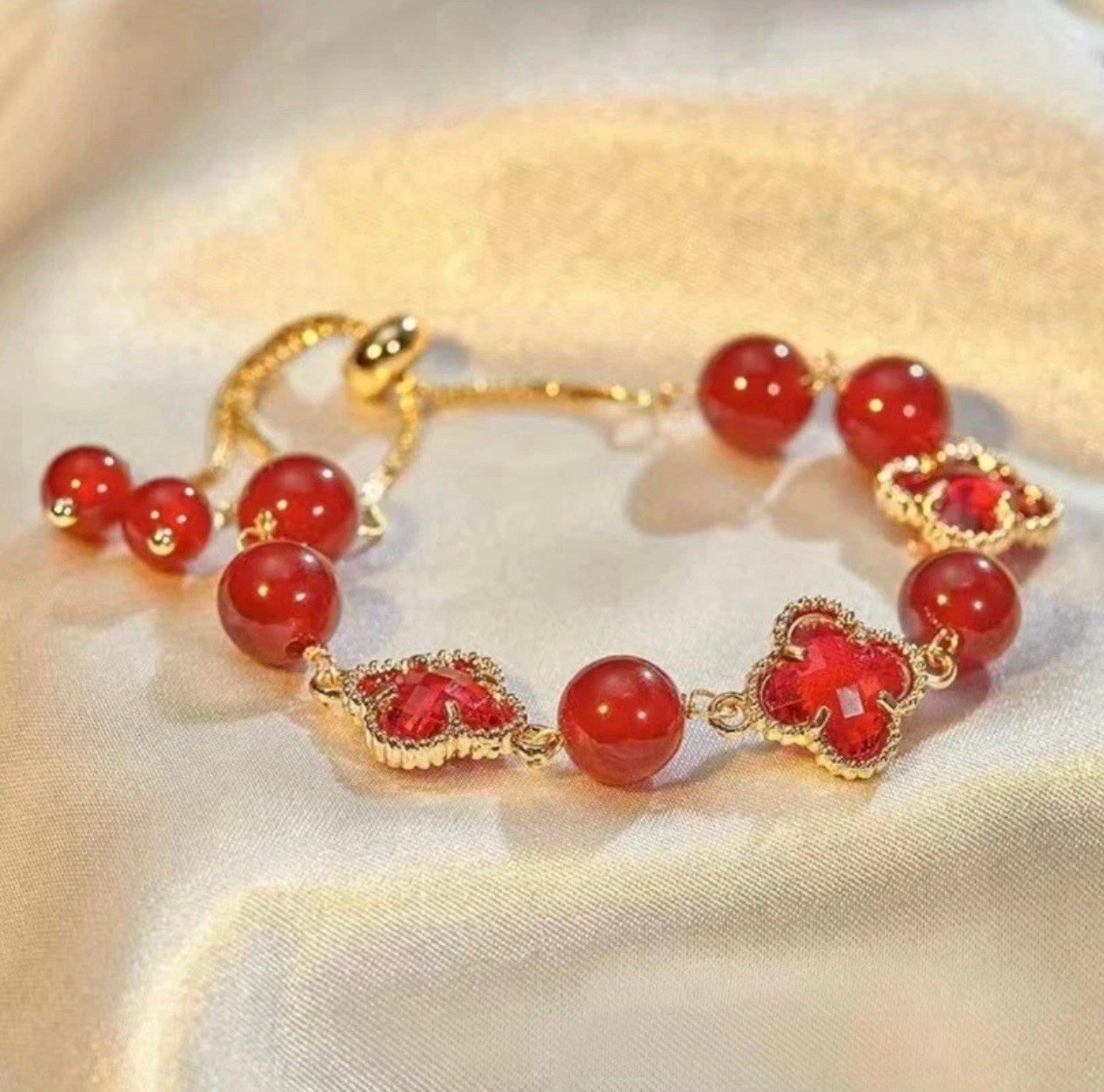 Red Round Beaded Cloverleaf Charm Bracelet Snake Chain Adjustable
