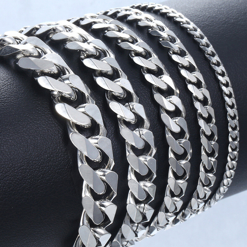 3/5/7/9mm Stainless Steel Curb Cuban Link Bracelet Mens Womens Chain Adjustable