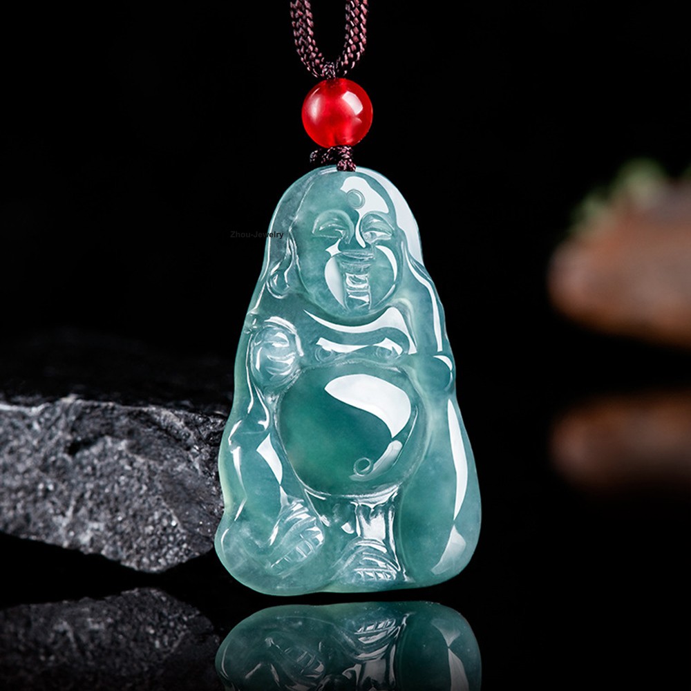 Natural Blue Water Jadeite Buddha Pendant – Grade A Jade Lucky Amulet Men Women