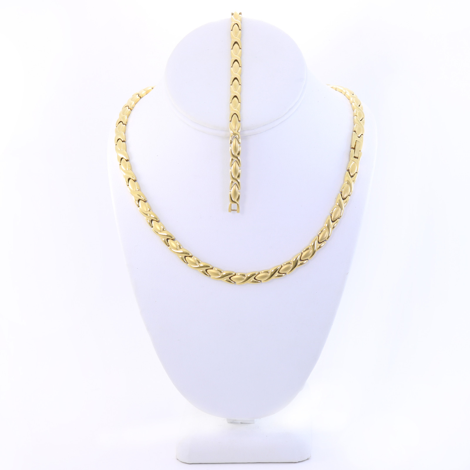 Hugs & Kisses Necklace Bracelet Set Stampato Stainless Steel Gold Plated 20″ XOX