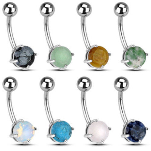 Solitaire Semi-Precious Belly Ring Natural Stone Pierced Navel Naval 14g Prong