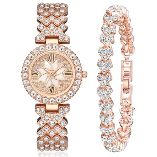 Women Luxury Watches Steel Band with Diamonds Bracelets Watches Set Rose gold