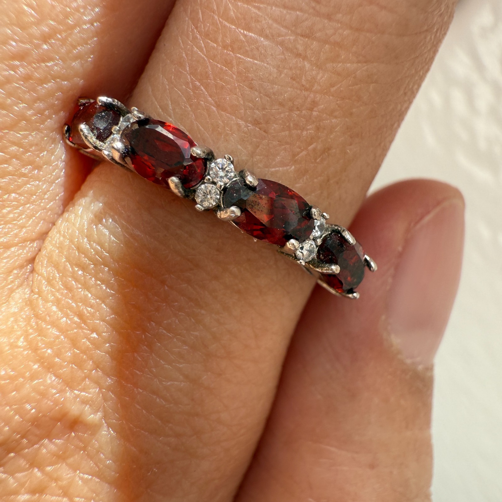 925 Sterling Silver Ring 5x3mm Natural Rhodolite Garnet Gemstone Zircon Beaded