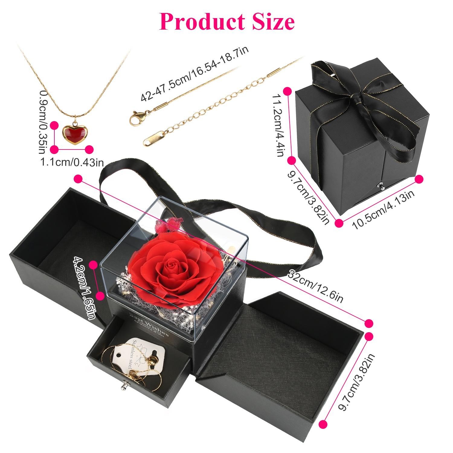 Preserved Red Real Rose w/ Heart Necklace Eternal Flowers w/ Golden