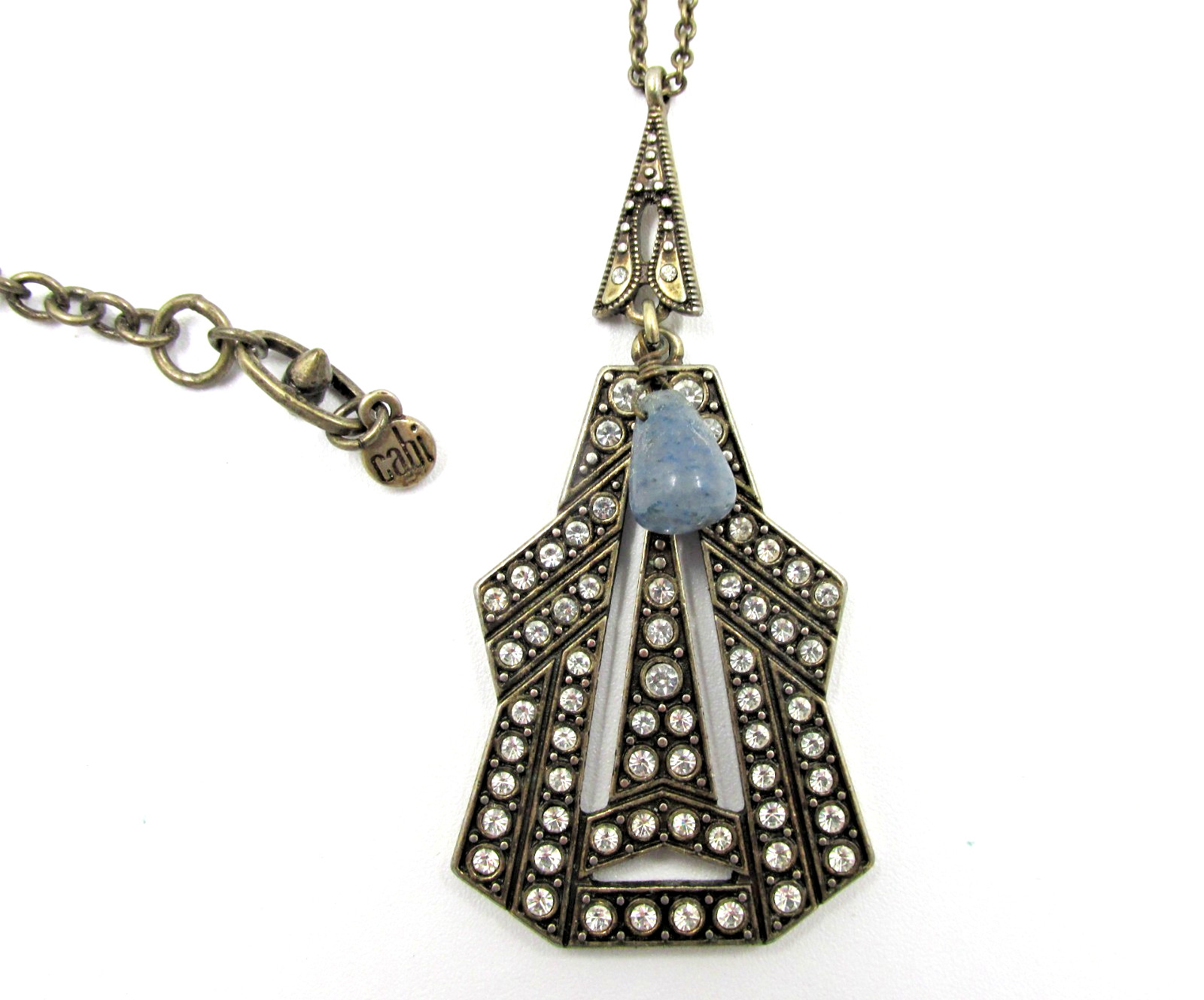 Art Deco Inspired Signed Cabi Speakeasy Pendant Necklace Rhinestones Glass Stone
