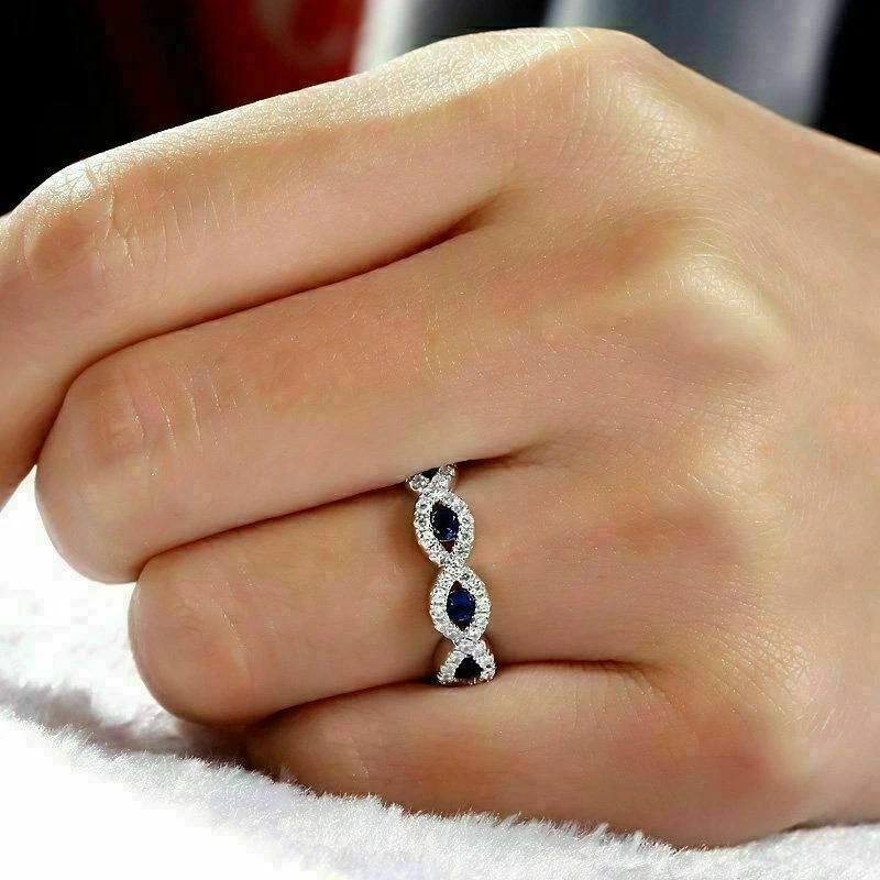 2.50 Ct Round Natural Sapphire Diamond Anniversary Ring 14K Solid White Gold 5