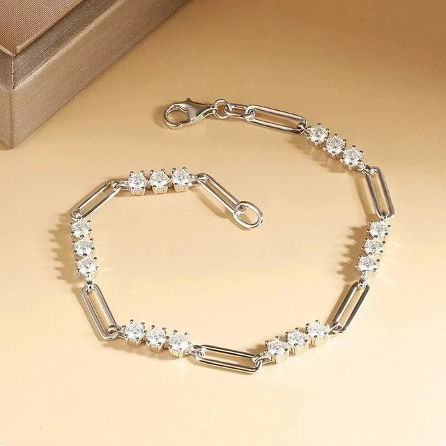 3mm Round Cut Moissanite Paper Clip 8″ Inch Women Bracelet 14K White Gold Plated