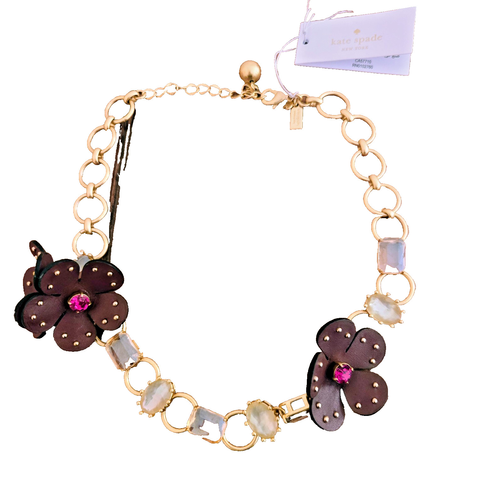 NWT Kate Spade BLOOMING BLING 12K Gold Plated Stone/Leather Flower Necklace-$128