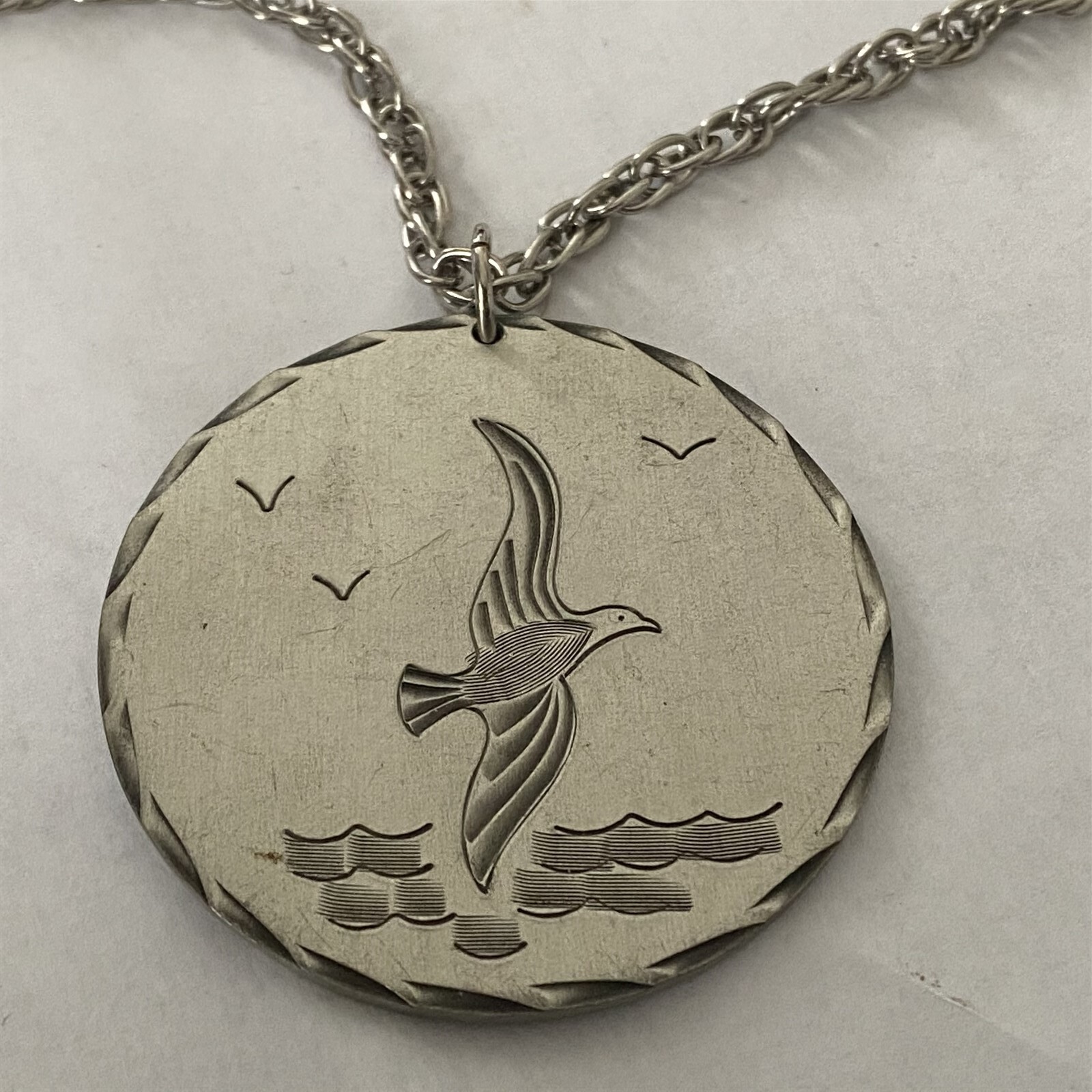 Vintage Heritage Pewter Seagull Pendant Large Round with Chain signed