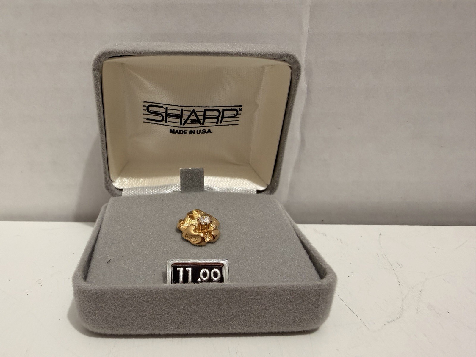 Vintage 1980s SHARP Tie Tack Lapel Pin Gold Tone Made in USA Gift Box