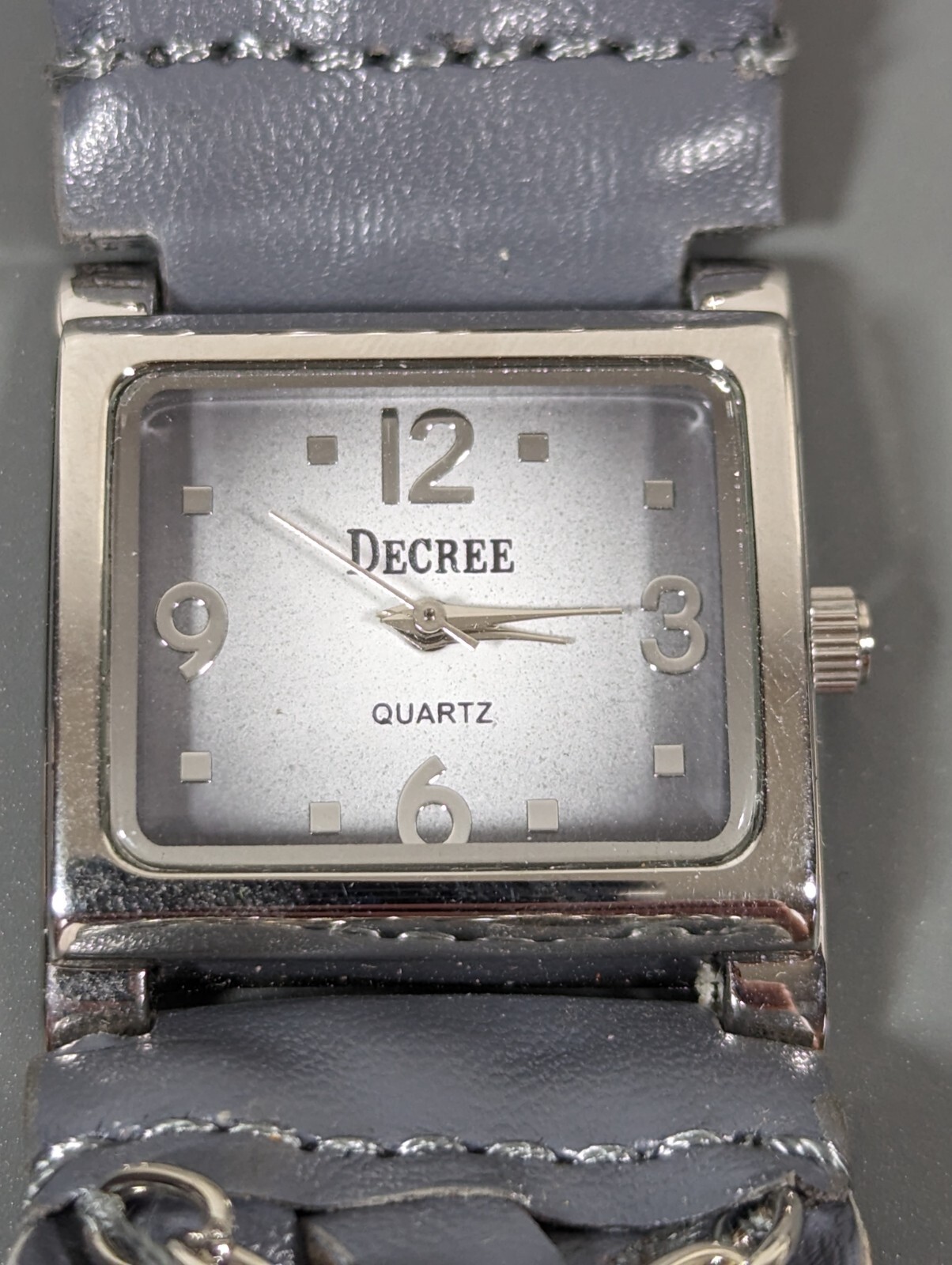 Decree Gray Dial Silver Tone Square Case Chain Faux Leather Band Watch 7.5 Inch