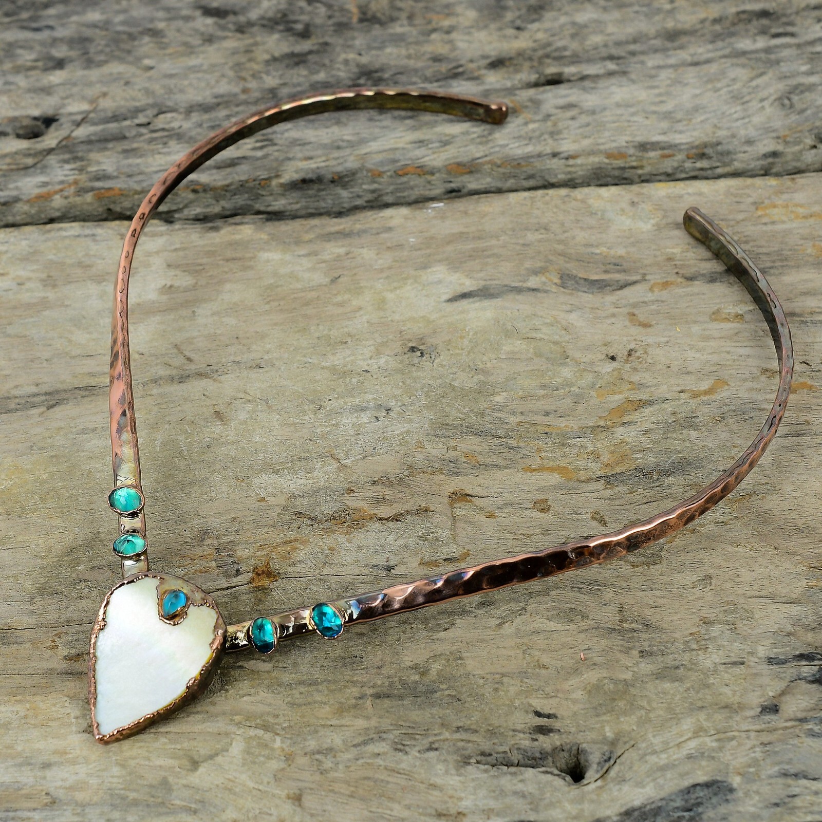 Natural Mother Of Pearl Indicolite Choker Electroformed Necklace Jewelry Copper