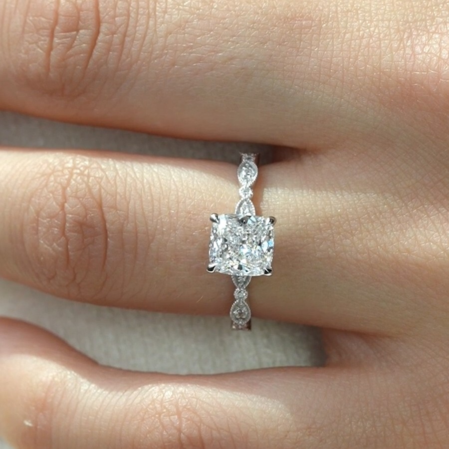 2.09 TCW Cushion Cut Moissanite Milgrain Engagement Ring 14k White Gold Plated