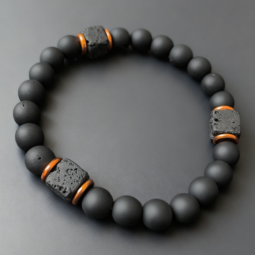 Mens Premium Matte Black Onyx with Lava Beads Grounding Protection Bracelet NEW