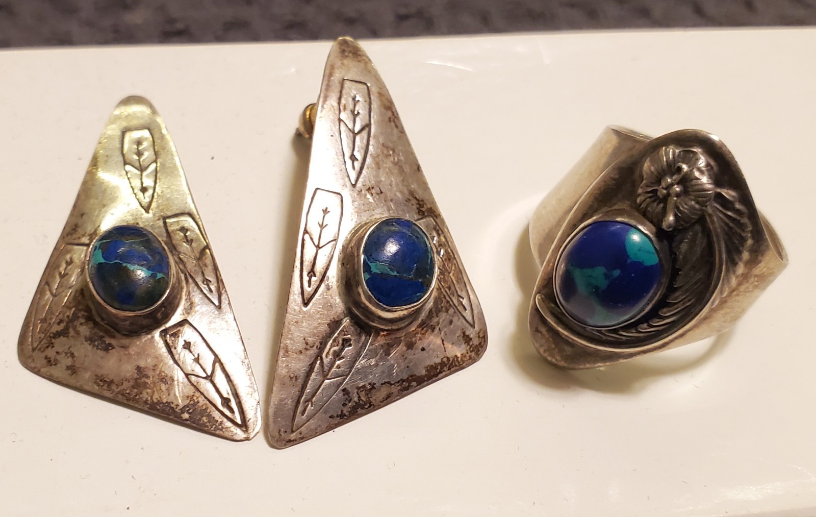 Vintage Navajo signature BAL Sterling earring and ring set. Read Description.