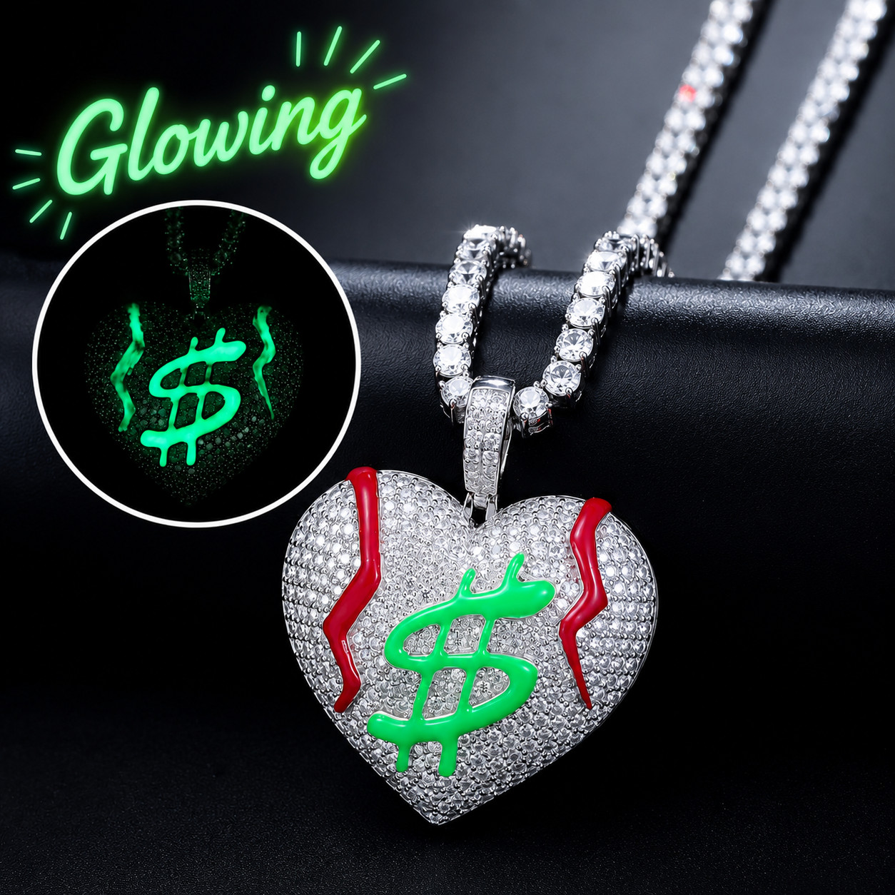 Glow in Dark Money Heart Moissanite Pendant 925 Silver Iced Out Hip Hop Jewelry