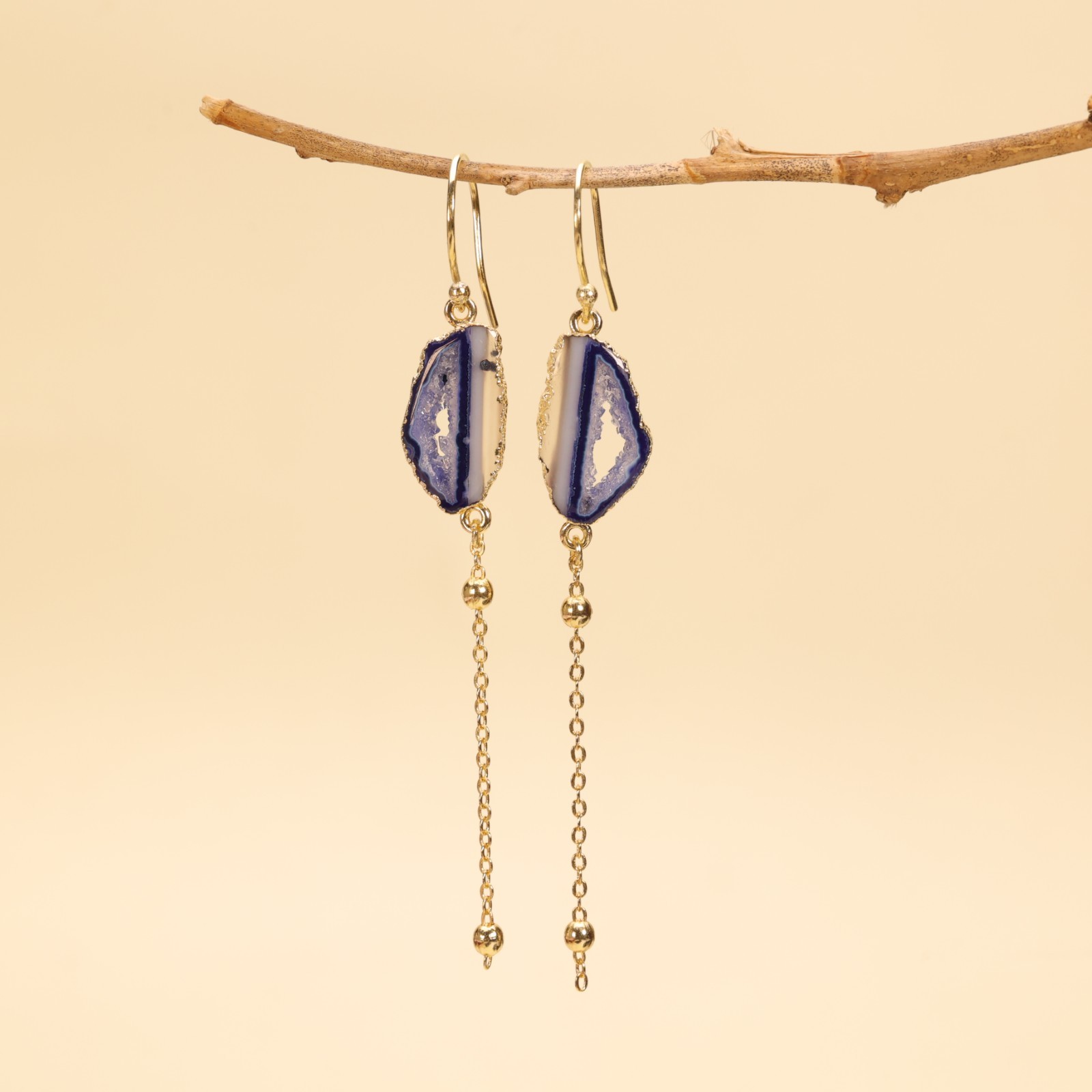 Aqua Geode Druzy Earrings, Gold Plated Agate Slice Dangle, Boho Gemstone Jewelry