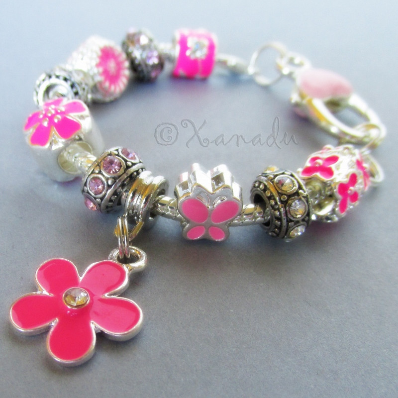 Pink Flower Garden European Charm Bracelet With Pink And Fuchsia Floral Beads
