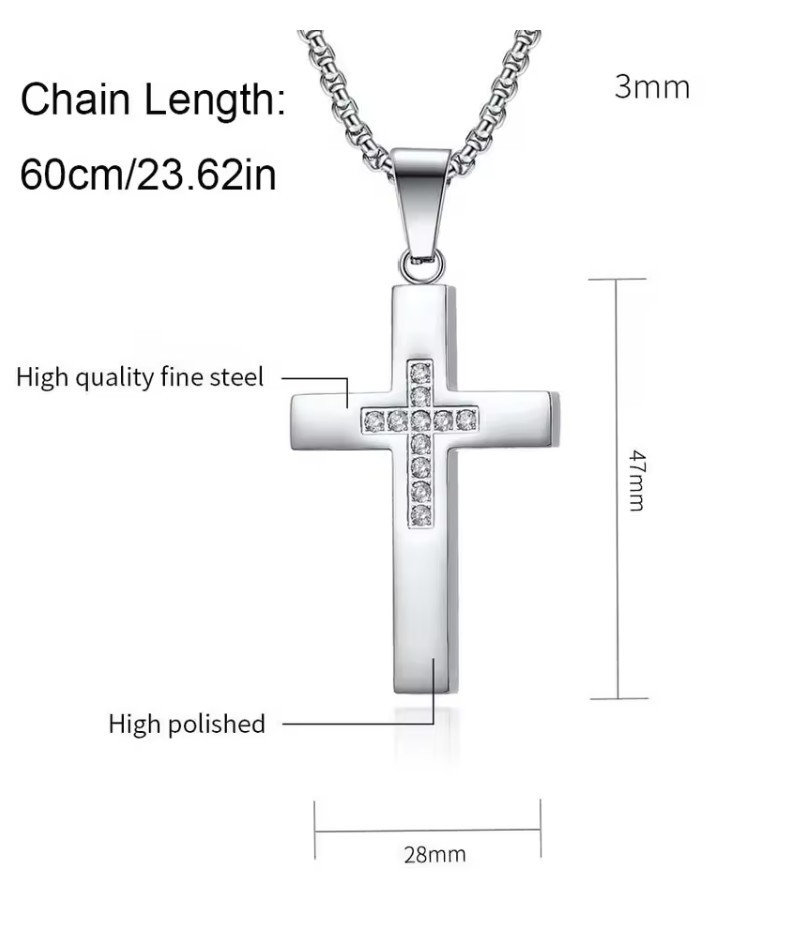 STAINLESS STEEL Zircon CROSS PENDANT with 60 cm (23.6in) rounded box chain