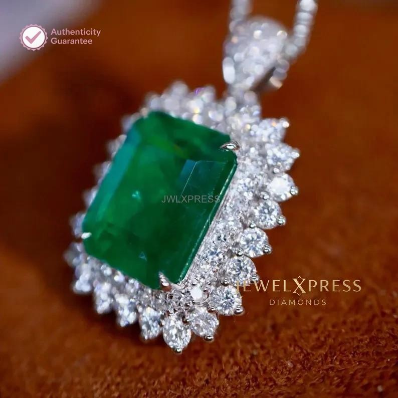 Handmade! 2.00CT Emerald Cut Natural Emerald & Diamond Halo Pendant 14k Gold